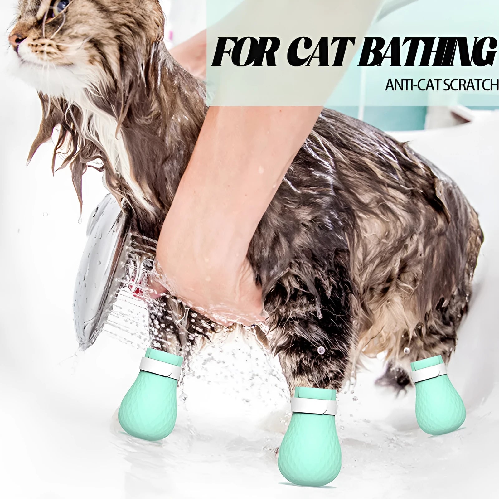 Four green silicone foot covers for protecting hands from cat scratches during pet care.