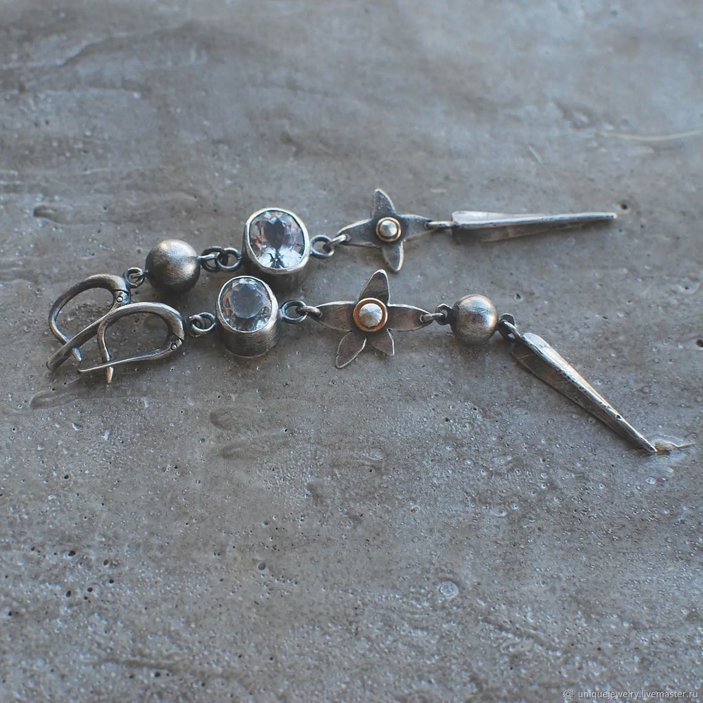 Geometric pendant earrings with antique silver plating and rhinestone detailing