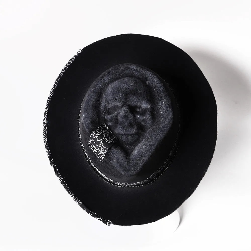 Handmade wool felt and denim Halloween skull hat with conical crown design