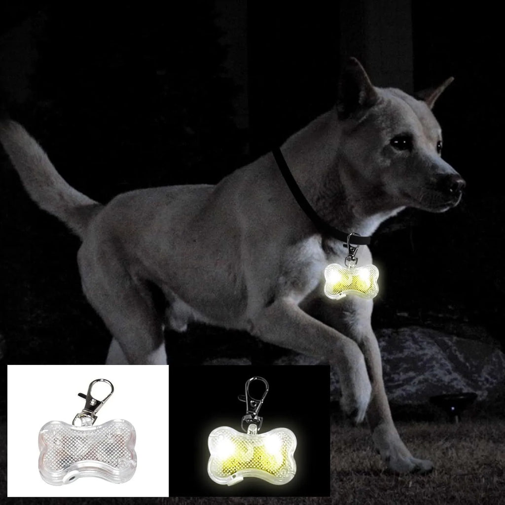 Blue LED luminous bone-shaped pendant for pet collars showing three light modes.