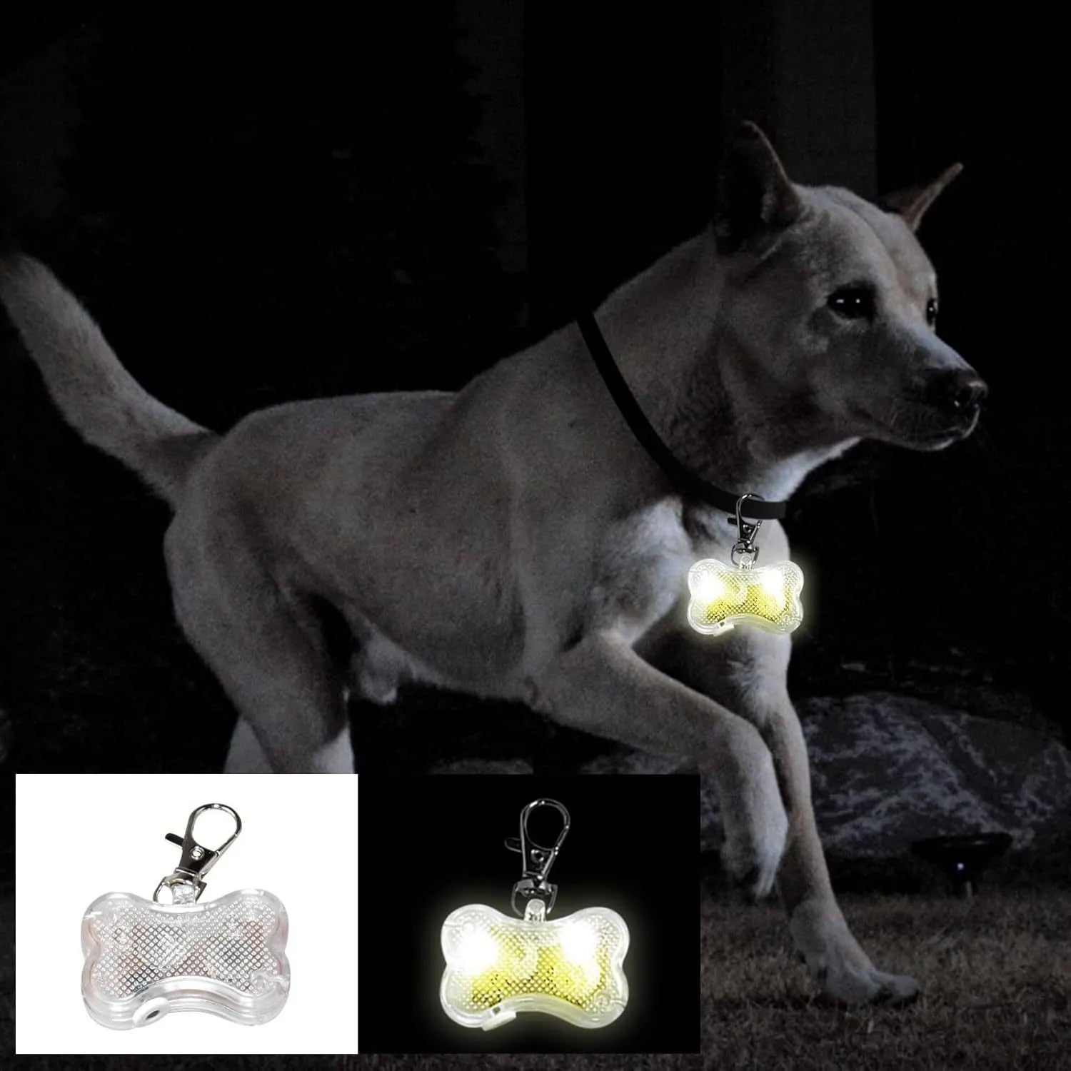 Blue LED luminous bone-shaped pendant for pet collars showing three light modes.