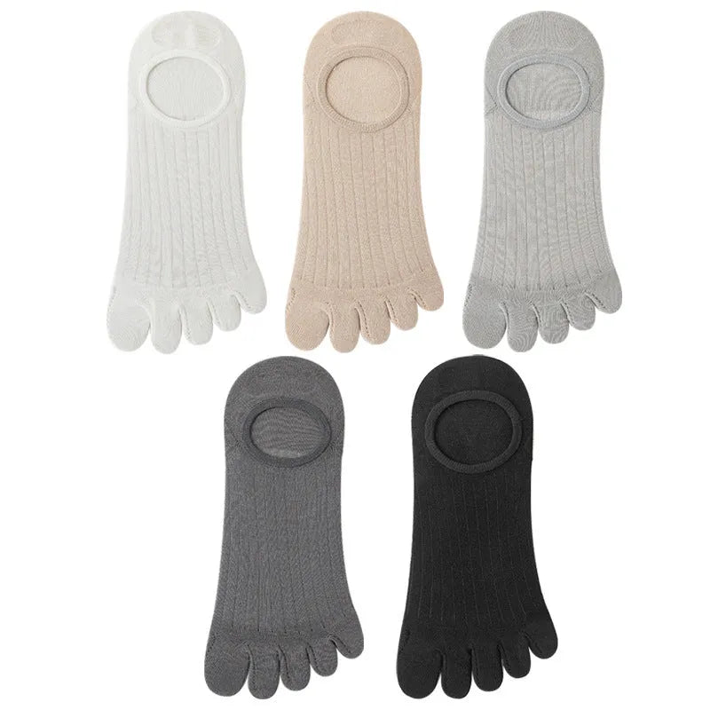 Modal five-finger ultra-thin boat socks in solid colours: white, khaki, light grey, dark grey, and black.