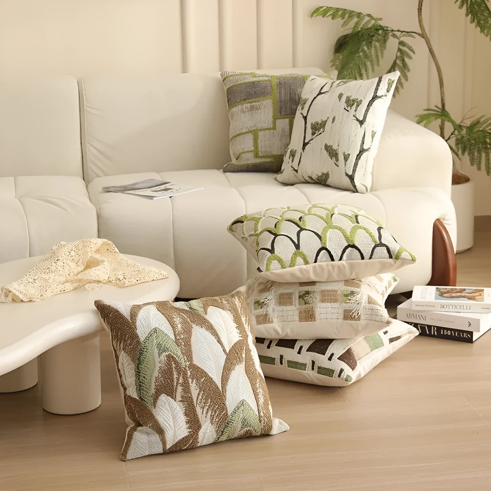 Square pillow cover with woven plant pattern in Nordic style, shown on a sofa as a waist pillow.