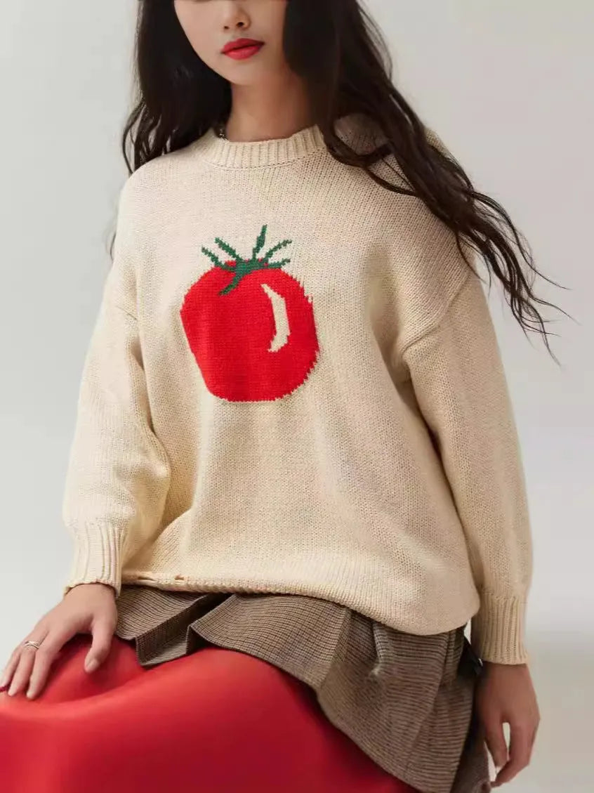 Milky white women's loose-fit pullover sweater with Jacquard knit texture on a hanger.