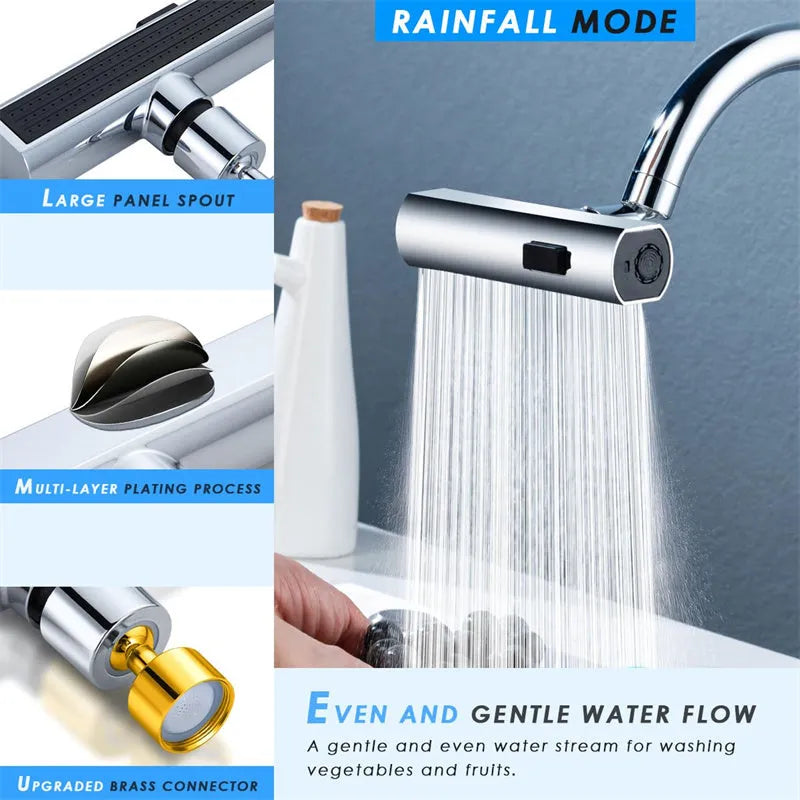 Kitchen faucet waterfall outlet connector with 360-degree swivel, ABS and copper body, Black or Silver finish.