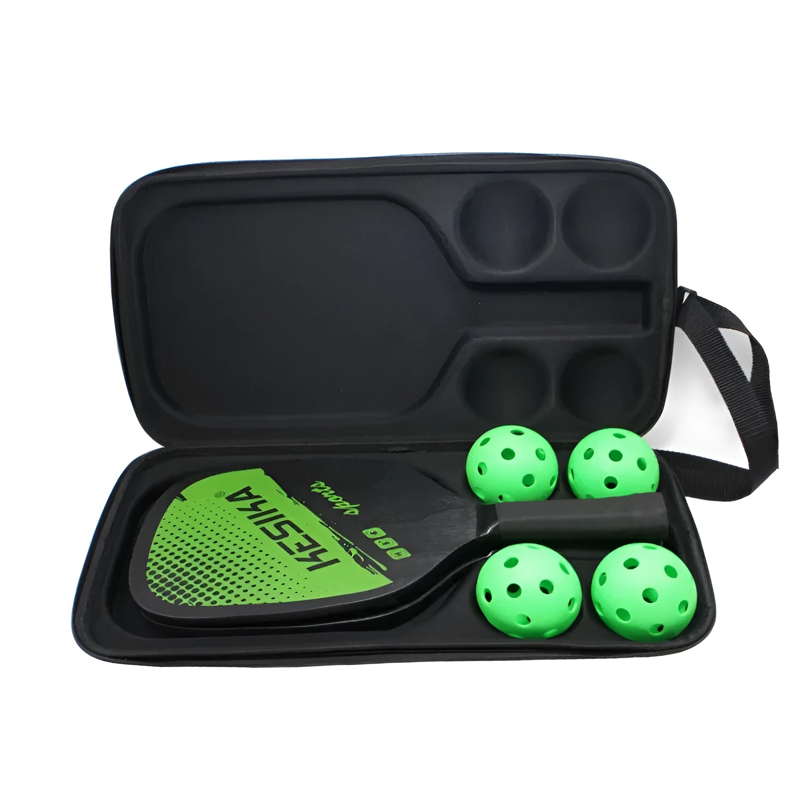 Black EVA pickleball case with dual shoulder straps, shown closed, for one paddle and four balls.
