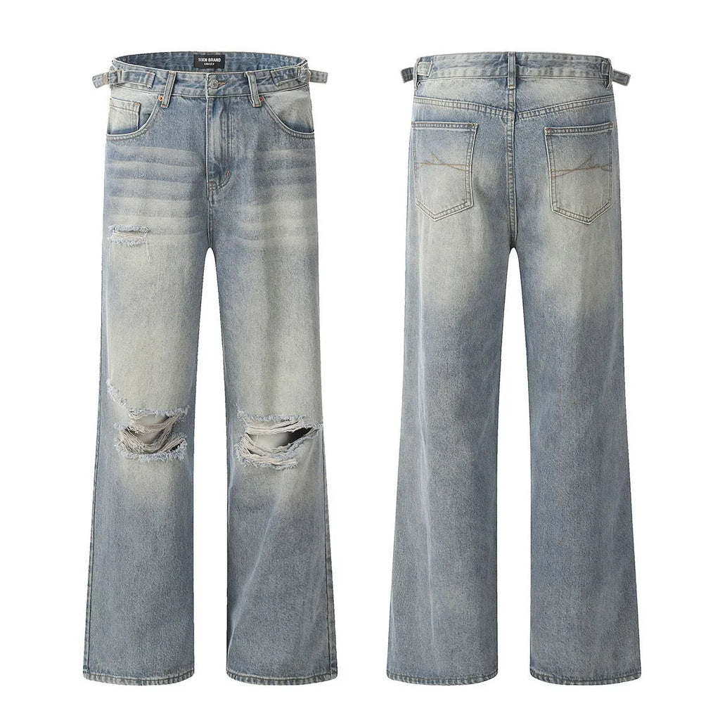 Men's blue retro ripped straight-leg jeans with zipper fly and cotton blend fabric