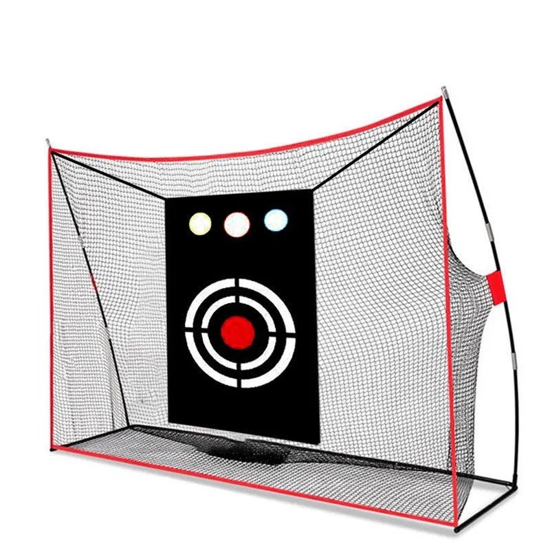 Golf wedge training net with straw mat and practice accessories including limit nails and balls