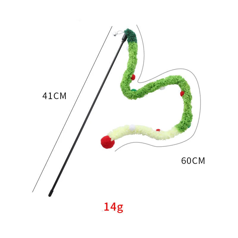 Cat wand toy with colourful plush strip, fluffy ball, and bells on a 41cm pole