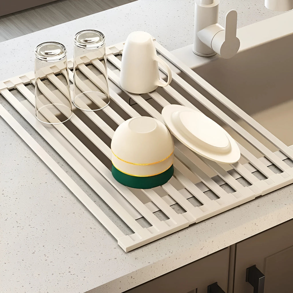 Foldable milky white 304 stainless steel kitchen draining rack showing collapsed and expanded positions