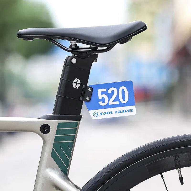Bicycle number plate bracket for round tube and cracked air duct, plastic resin mount with leather rings and tool
