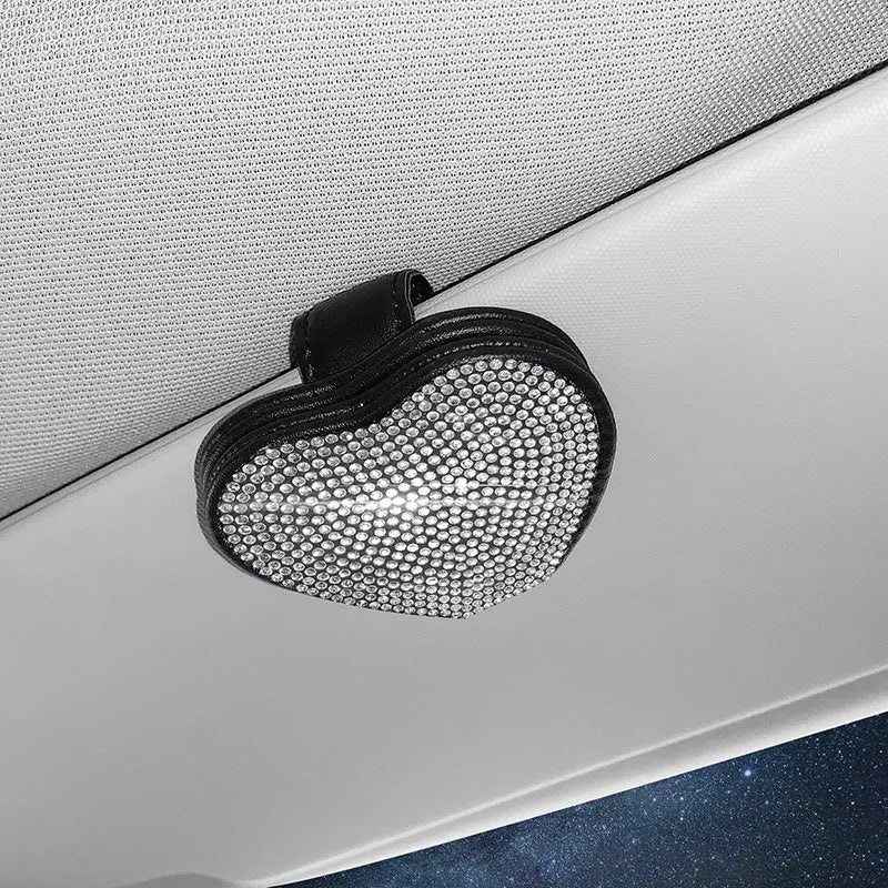 Diamond-encrusted PU leather car sun visor organiser clip with magnetic document holder and glasses storage