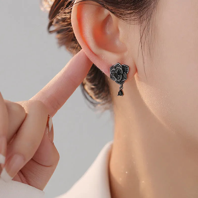 Black rose colour zircon stone floral stud earrings with 18K gold electroplated finish