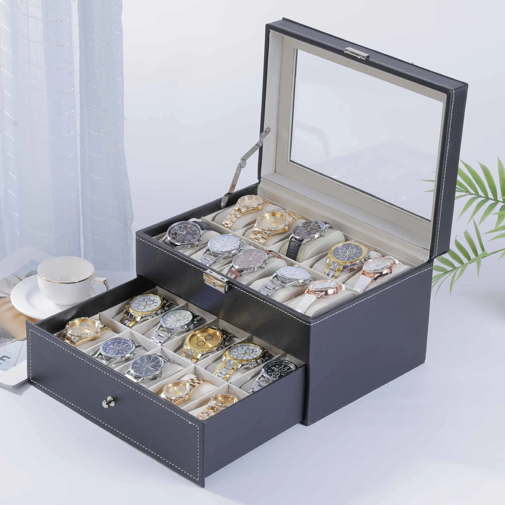 Grey high-grade leather watch storage box with transparent dustproof lid showing internal watch slots