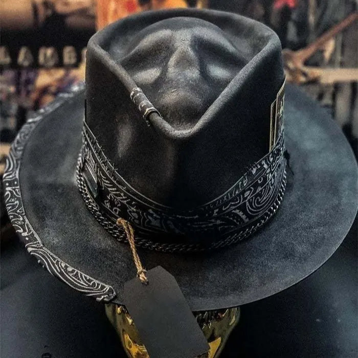 Handmade wool felt and denim Halloween skull hat with conical crown design