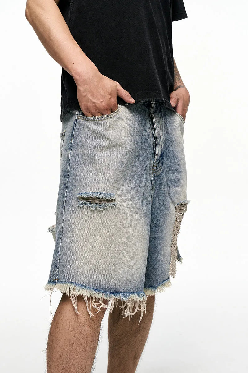 Light blue retro washed denim shorts for men with baggy wide-leg cut and mid-waist design