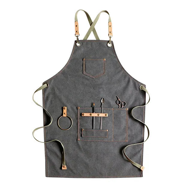 Cross-back strap canvas apron in camel colour with Han Chinese style, shown on a model.