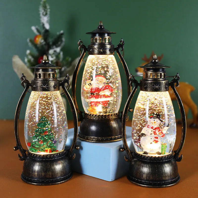 Crystal ball oil lamp desktop decoration with snowman design and battery-powered illumination
