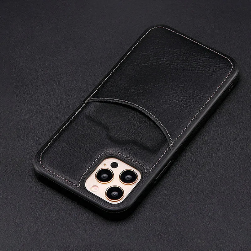 Dark blue PU leather protective case for iPhone models, showing front and back view.