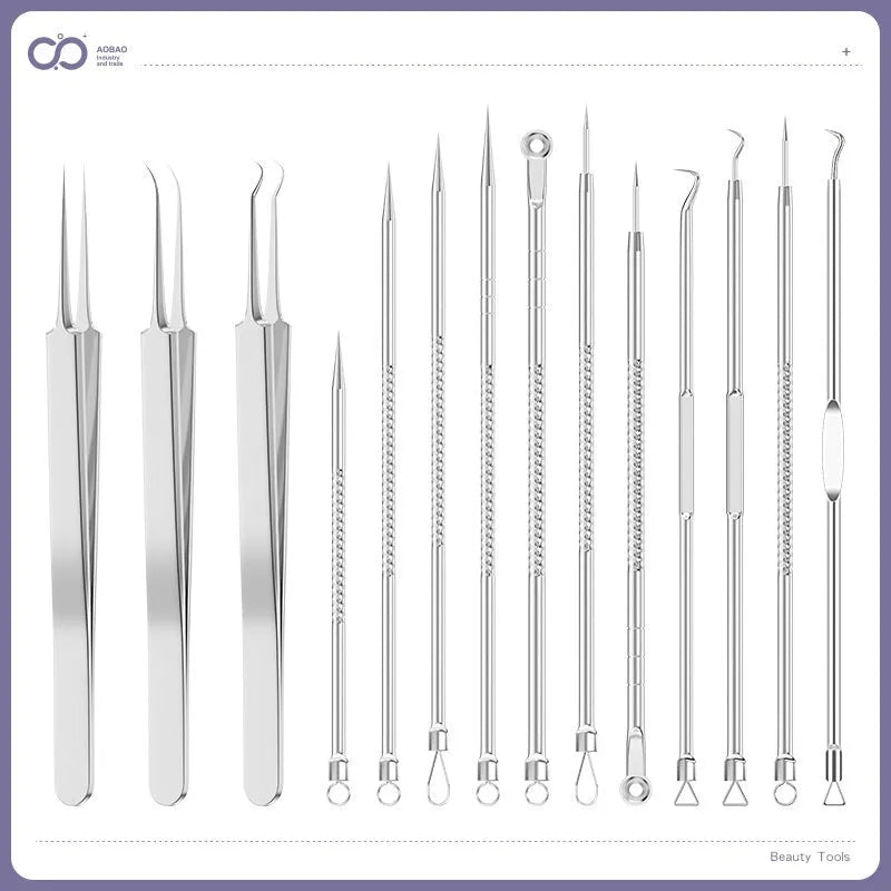 Four silver metal acne needles with fine points held together by a metal clip.