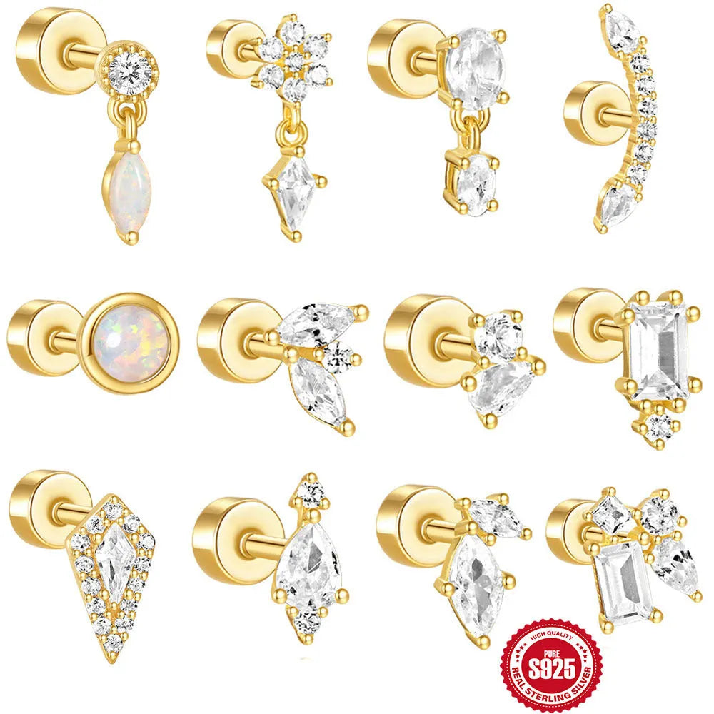 S925 sterling silver flat column thread ear bone studs in gold tone geometric design