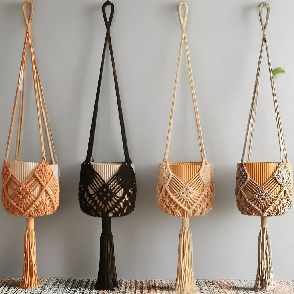 Hand-woven polyester cotton flower pot in brown colour displaying textured weave pattern
