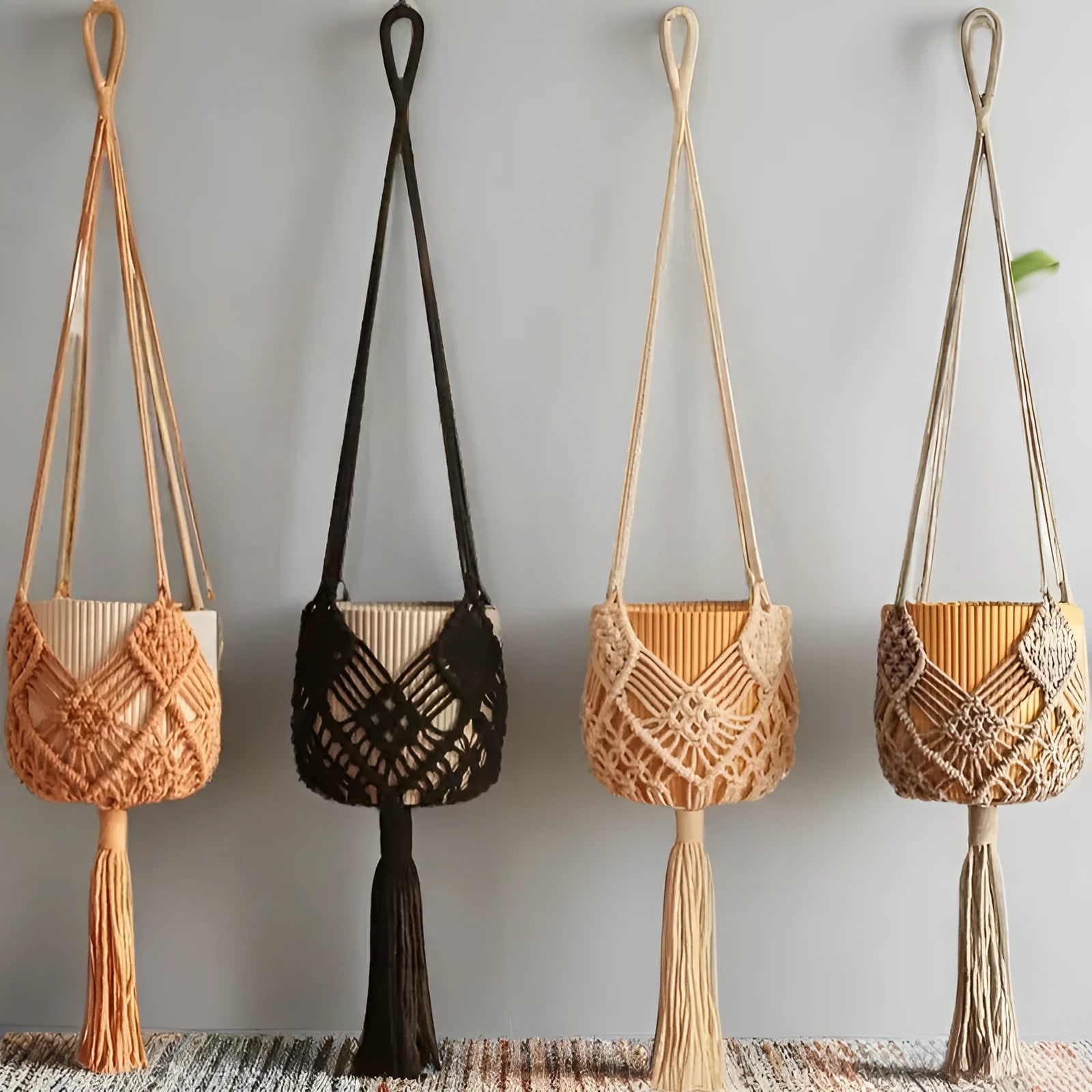 Hand-woven polyester cotton flower pot in brown colour displaying textured weave pattern