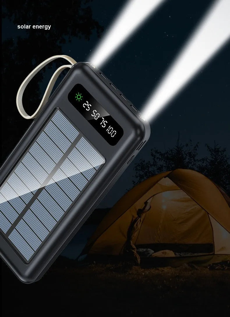 Solar power bank portable charger in black or white with built-in solar panel and high 20000mAh or 30000mAh capacity