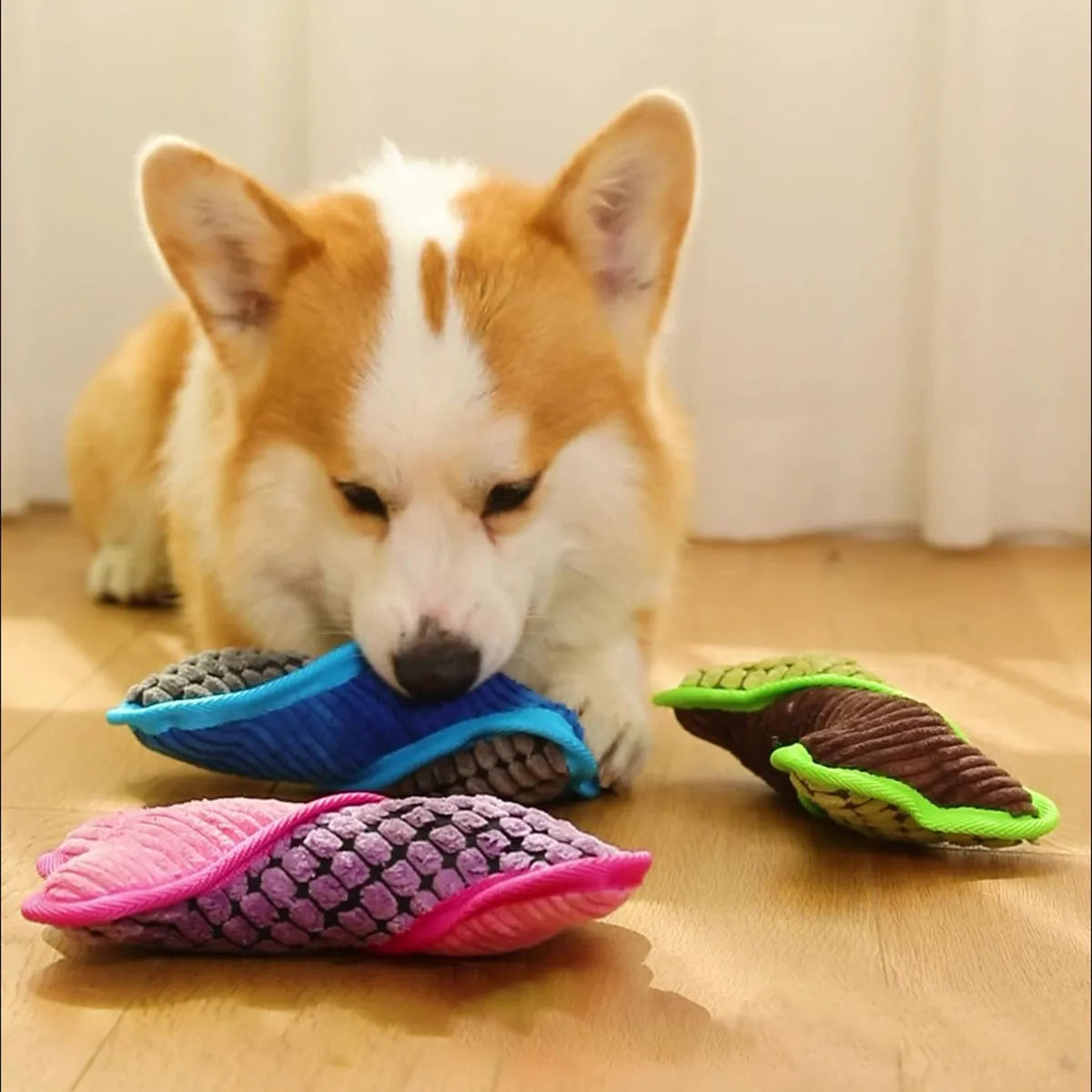 Blue teddy dog toy with a squeaker bone model, showing soft plush and corn fleece lining.