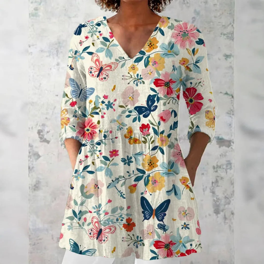 Women's retro slim fit printed long-sleeved polyester top in various colour options