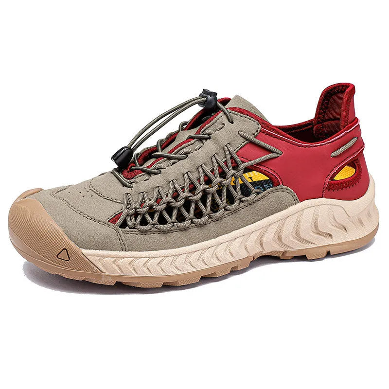Men's hand-woven sandals in light gray with closed toe, elastic band, and rubber sole.