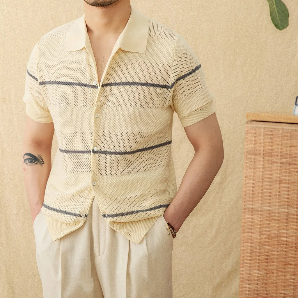 Camel coloured short sleeve knitted cardigan with lapel collar on a hanger