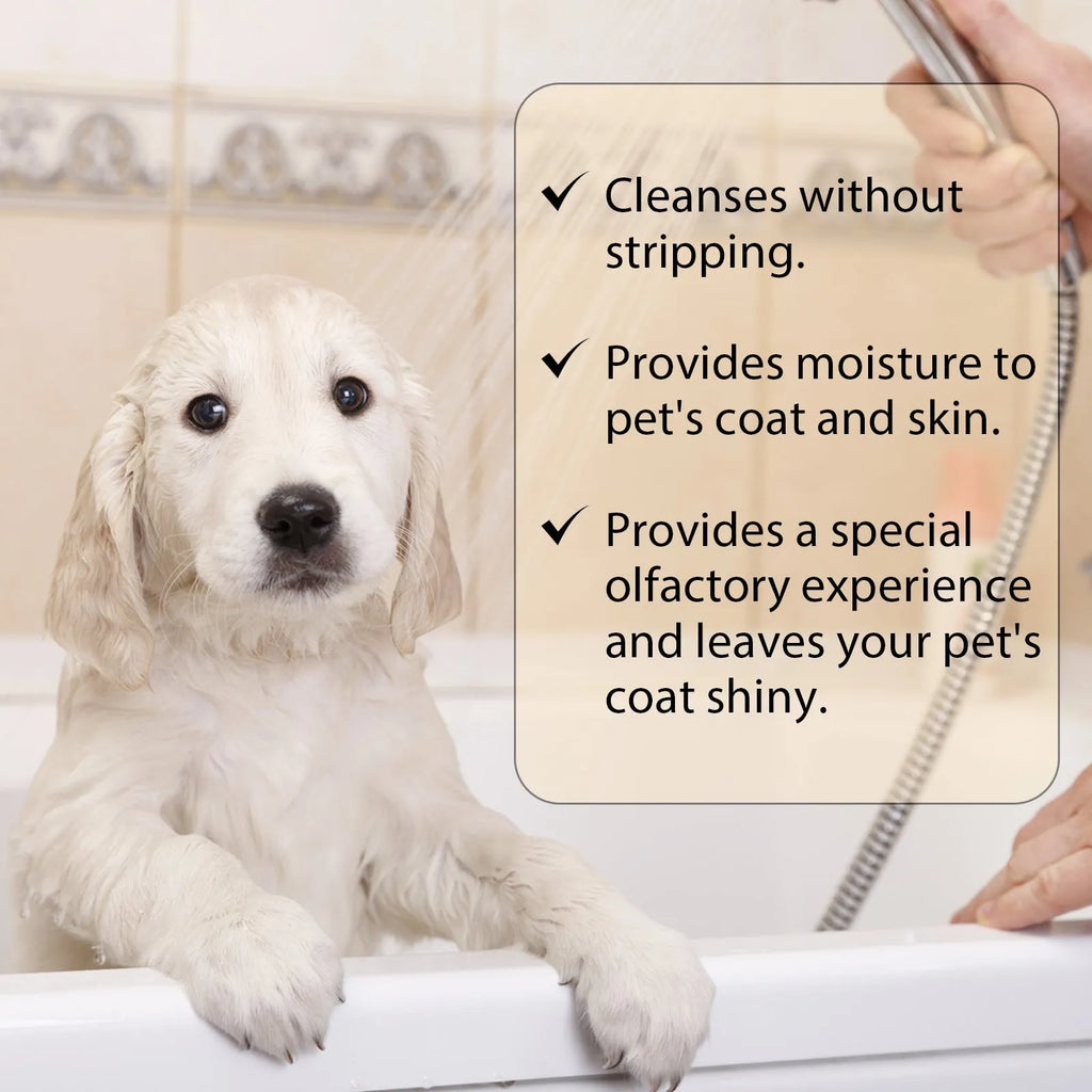 Bottle of mild pet shampoo for dogs and cats, available in 100ml and 300ml sizes.