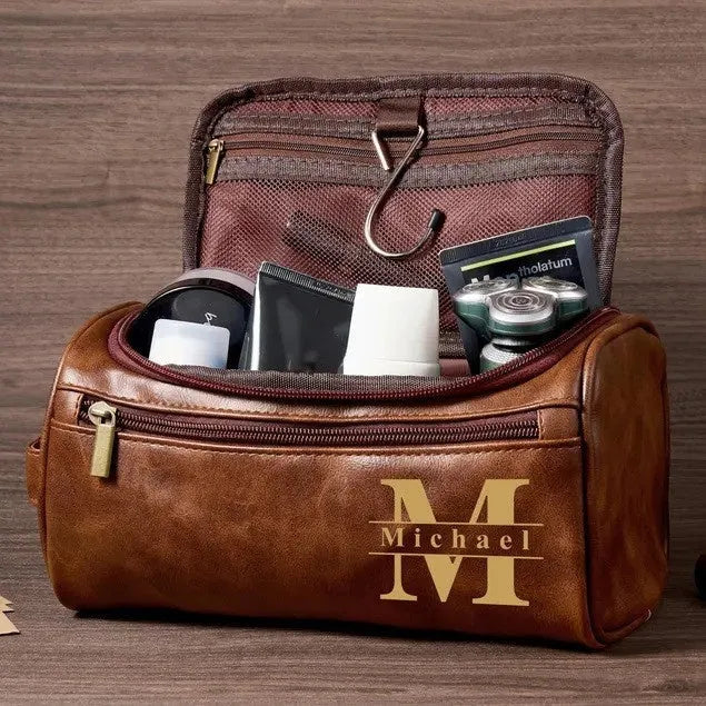 Men's pu leather travel bag with makeup pouch in black, light brown, brown or dark brown