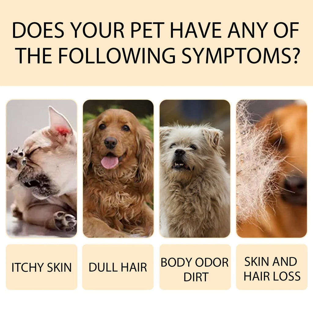 Bottle of mild pet shampoo for dogs and cats, available in 100ml and 300ml sizes.