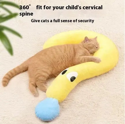 Blue cloth cat sleeping mat in a question mark shape with a U-shaped neck support pillow edge.