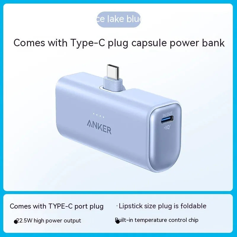 Compact capsule-shaped plastic power bank in five colours showing foldable charging head and Type-C port