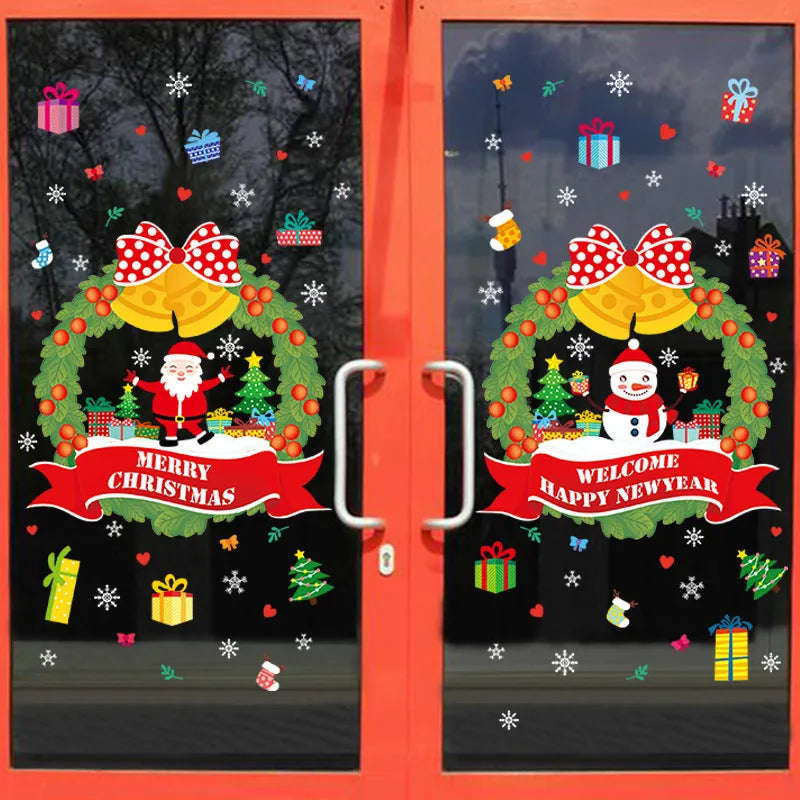 Two large colourful cartoon Christmas static cling wall stickers on a glass window