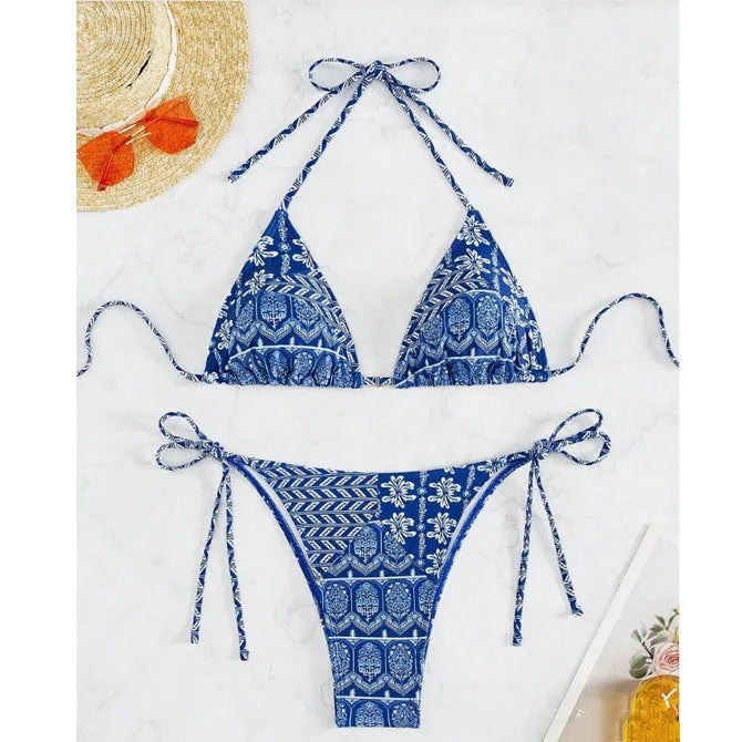 Split bikini bandage swimsuit with printing and stitching detail in polyester fabric
