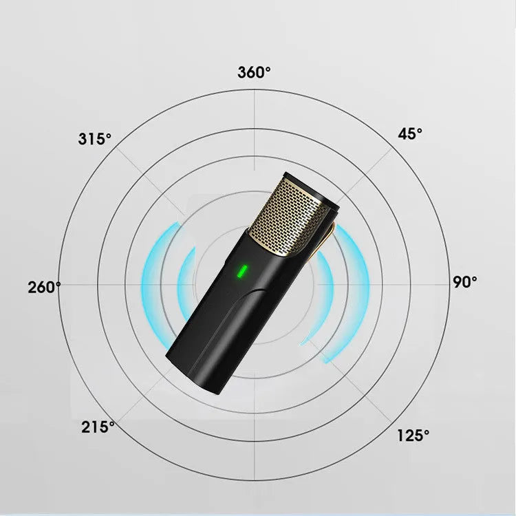 Black wireless lavalier microphone with charging cable for mobile phone recording.