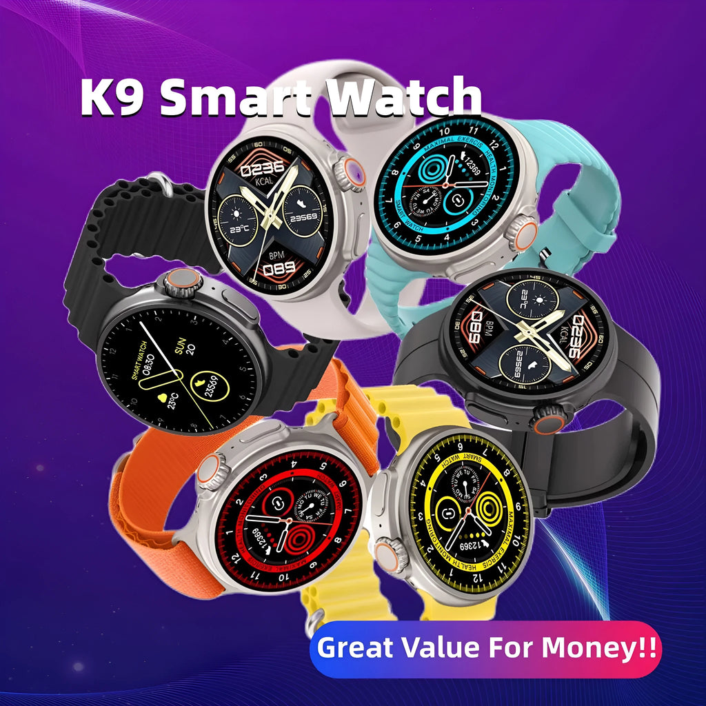K9 smart watch with round screen showing health metrics and NFC payment interface