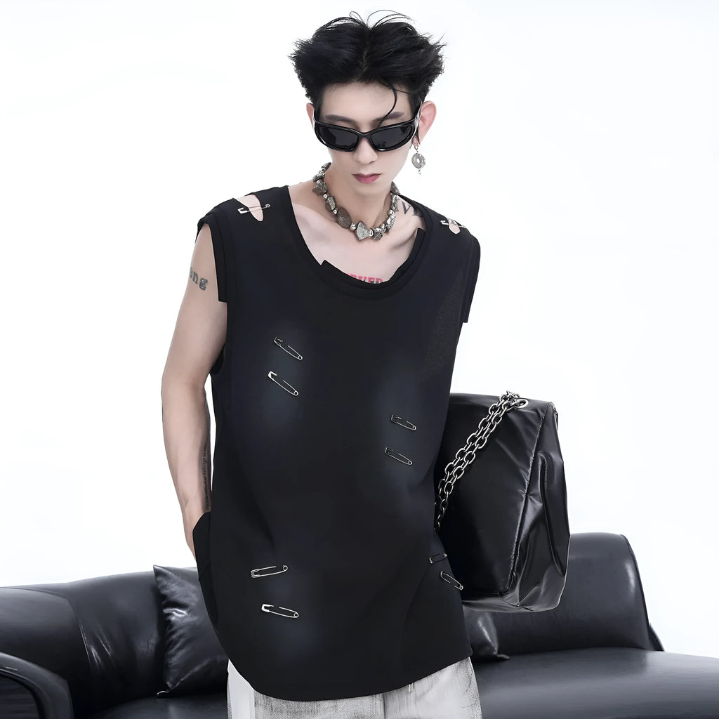 Men's black sleeveless vest waistcoat with irregular ripped cutting detail and round neck collar