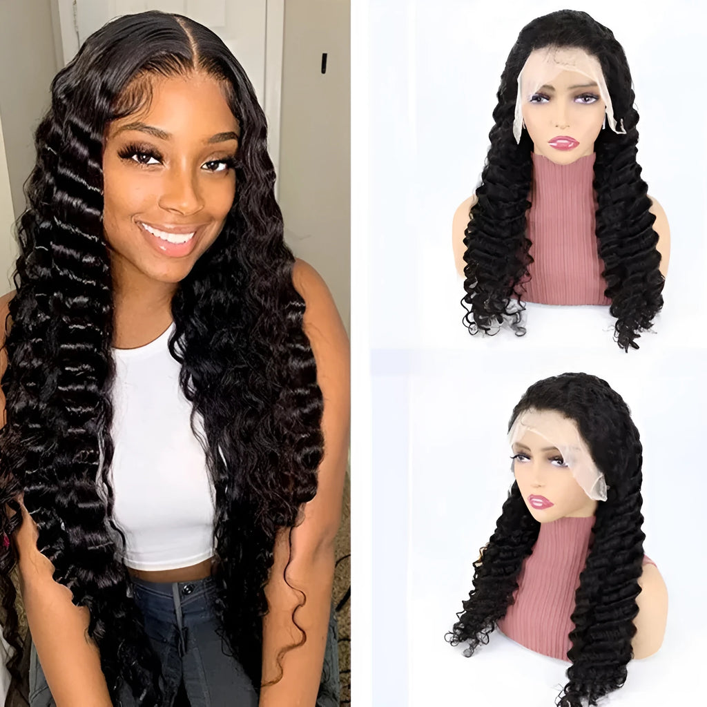 Simple solid colour human hair half lace front wig on display showing natural hairline