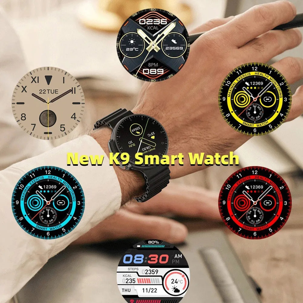 K9 smart watch with round screen showing health metrics and NFC payment interface