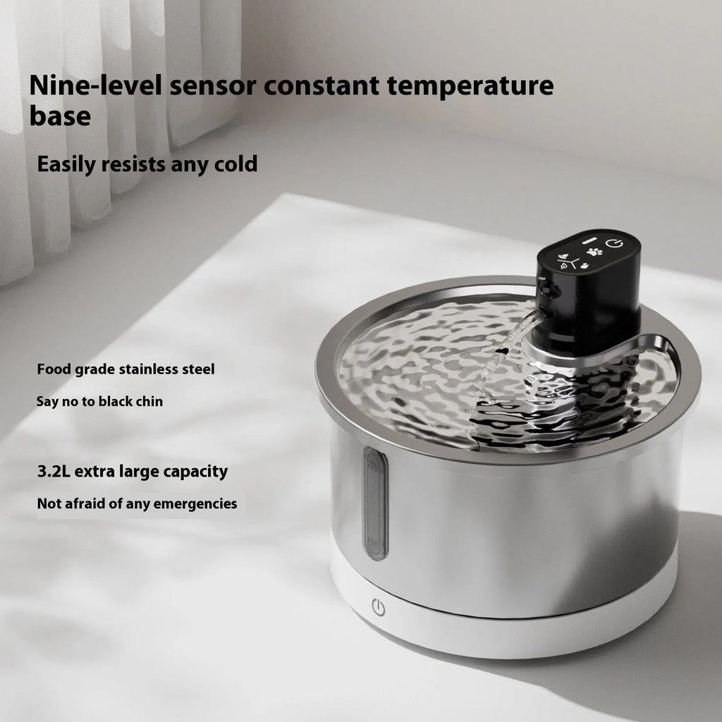 Stainless steel pet water fountain with constant temperature heating base in black and white colour options