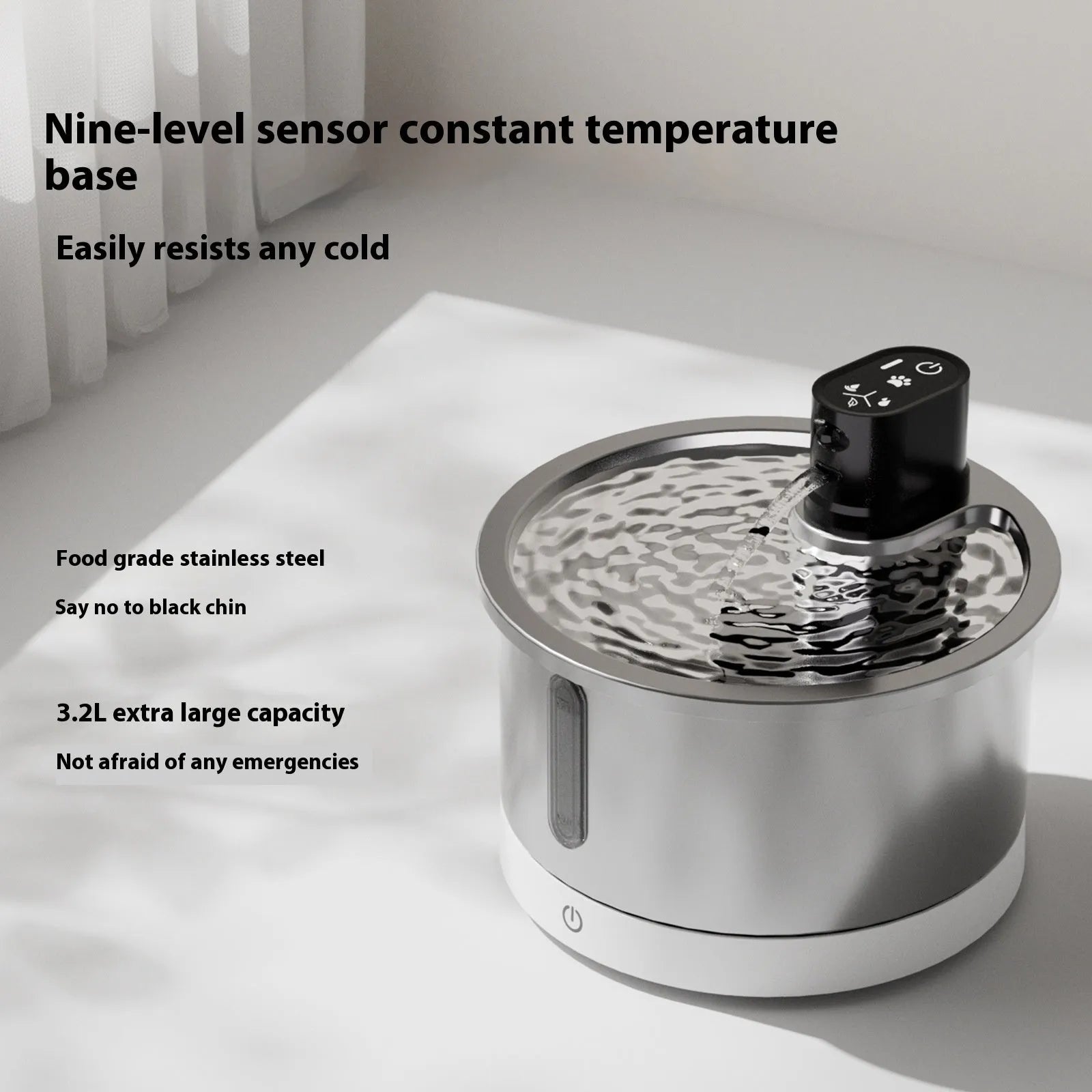 Stainless steel pet water fountain with constant temperature heating base in black and white colour options