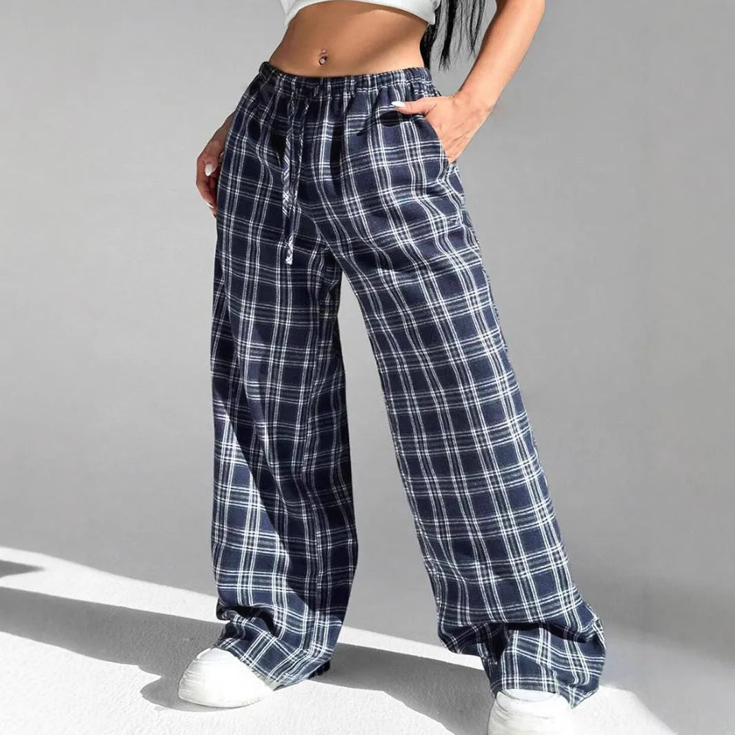 Women's casual plaid trousers with drawstring waist and patch pockets in blue and red colour options