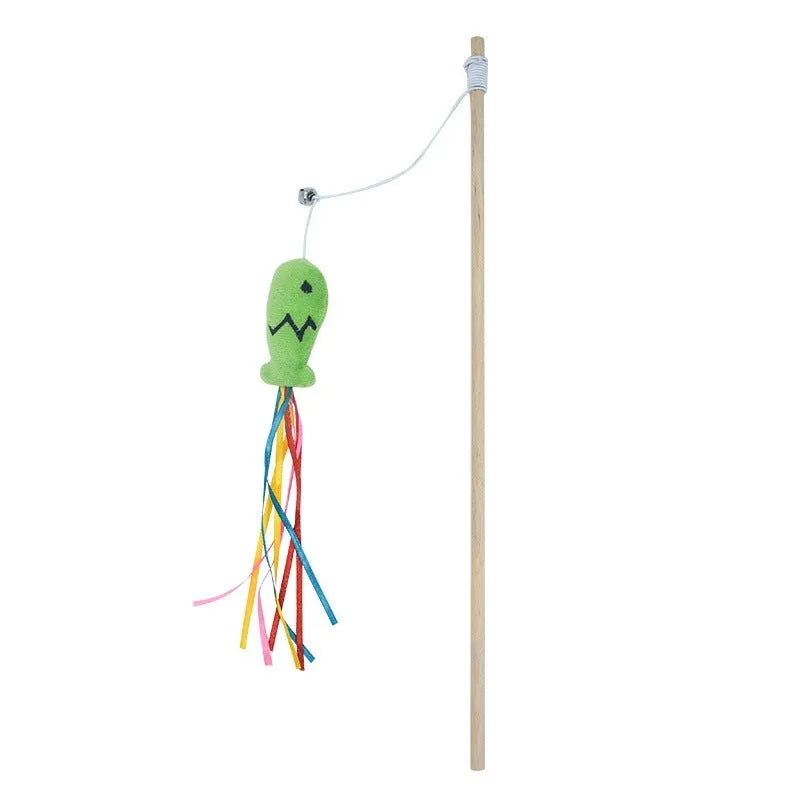 Cat wand toy with wooden handle, colourful ribbons, catnip fish and bell for interactive play