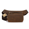 Brown top layer cow leather men's sports waist bag with zip closure.