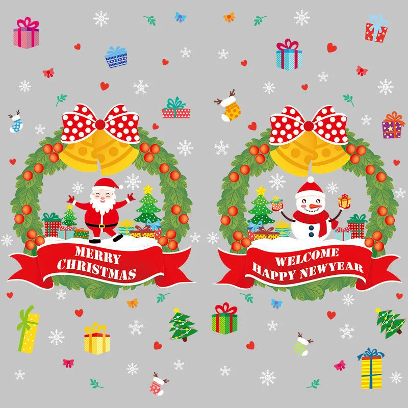 Two large colourful cartoon Christmas static cling wall stickers on a glass window